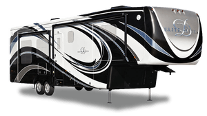 A black and white rv is parked on the ground.