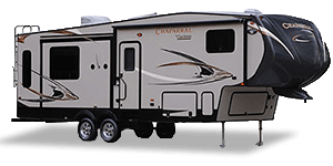 A large camper trailer with the door open.